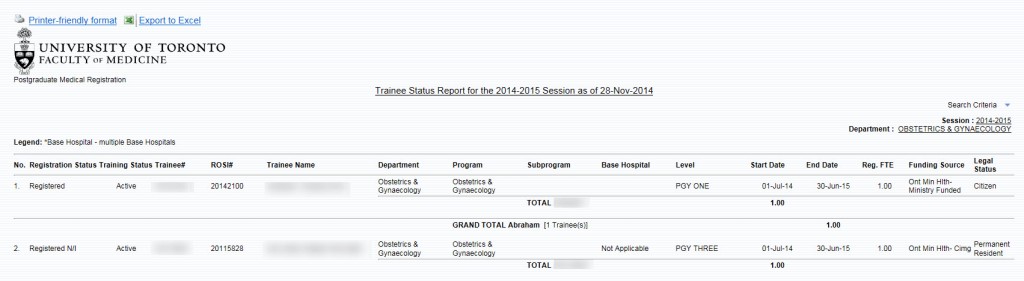 Trainee Status screen