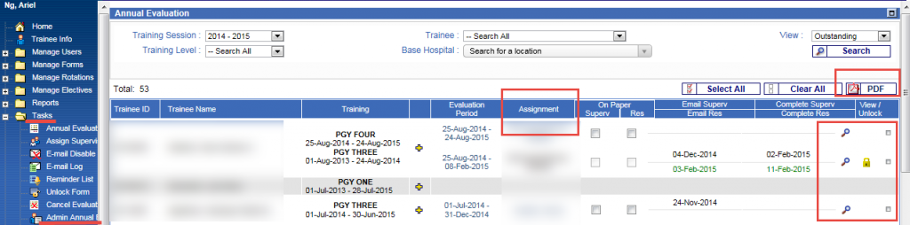 admin annual eval screen